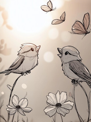Two Birds on Wildflowers with Butterflies – Black and White Nature Scene Drawing