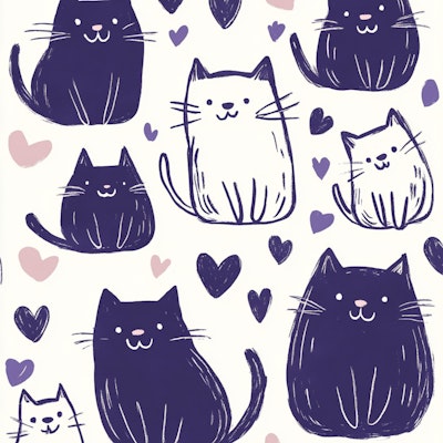 #Art Cute Doodle Cats with Hearts – Playful Purple and White Cat Design