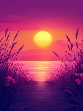 Sunset Over Water with Grassy Path – Vibrant Nature Landscape Illustration