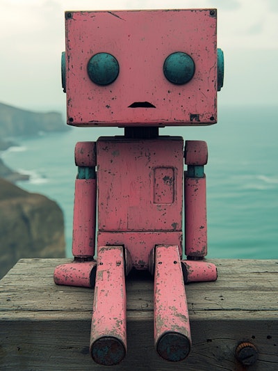 #Art Melancholic Pink Robot Print – Retro Robot Wall Art by the Ocean