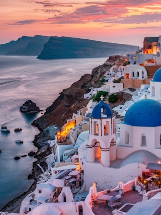 #Art Santorini Sunset with Whitewashed Houses and Blue Domes