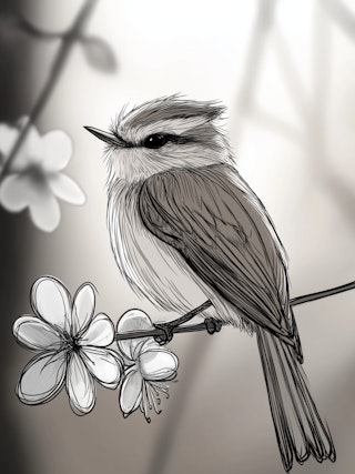 #Art Detailed Bird Sketch on Branch with Blossoms – Black and White Nature Illustration